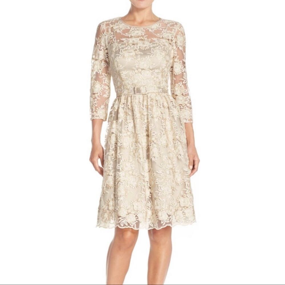 Eliza J. Metallic gold lace belt dress woman’s size 14p
